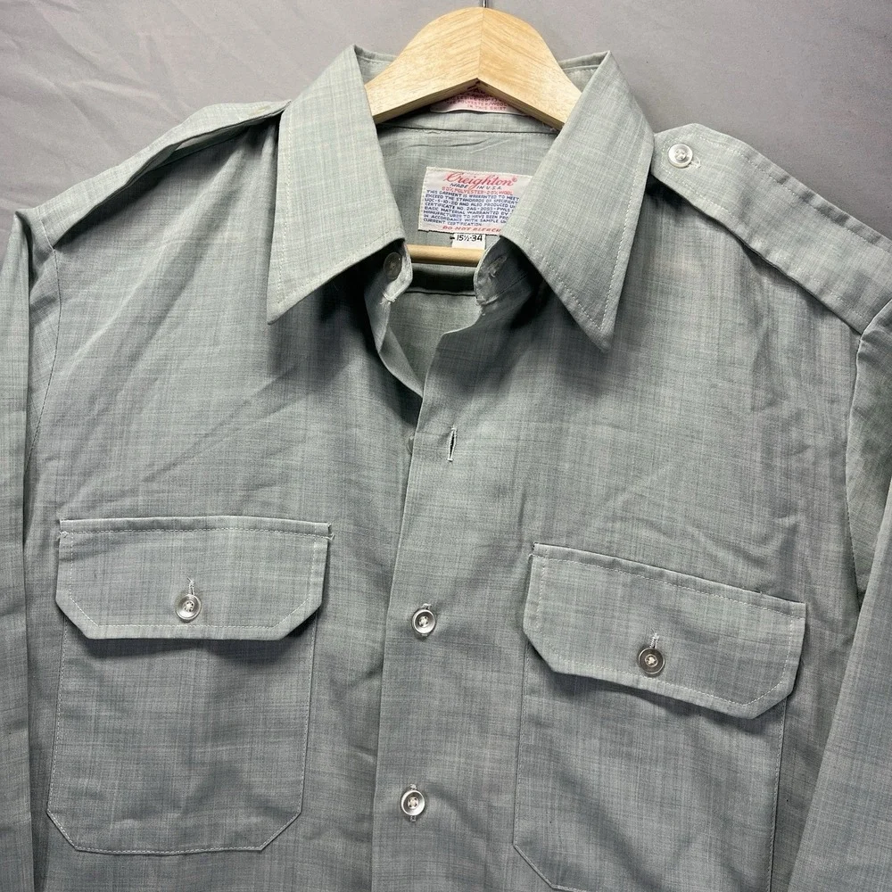True Vintage Creighton Shirt Mens Medium Blue Military Wool Blend Epaulette 70s
